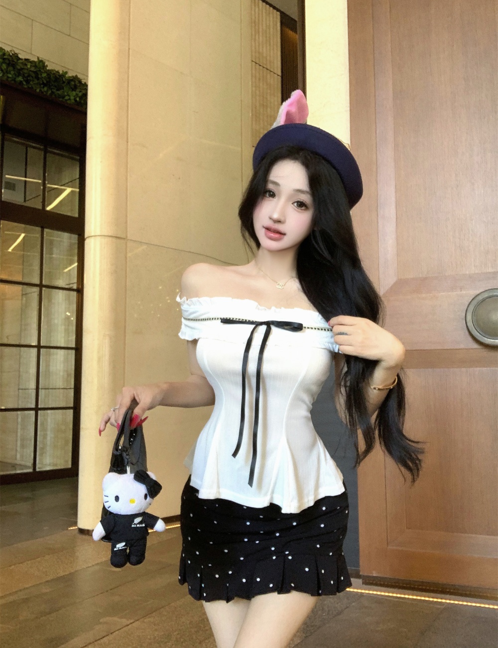 Lazy France style tops flat shoulder skirt a set