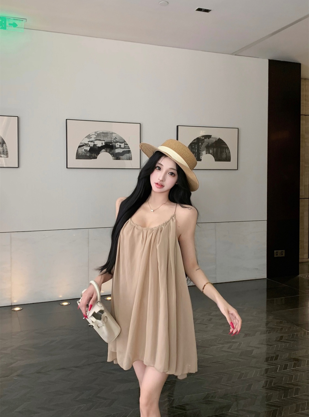 Slim chiffon loose unique dress sling V-neck khaki T-back