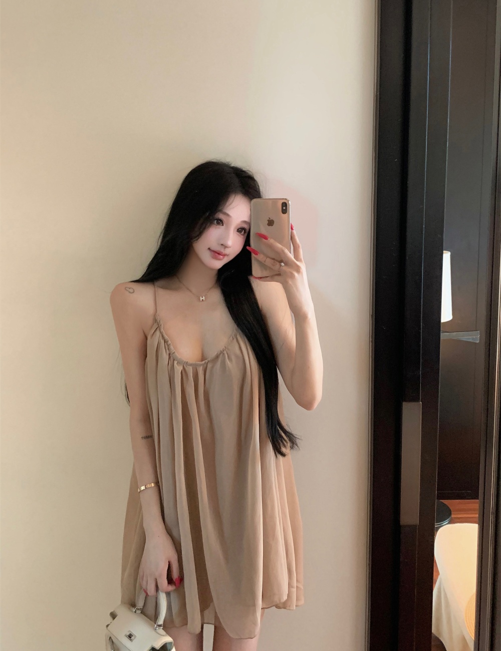 Slim chiffon loose unique dress sling V-neck khaki T-back