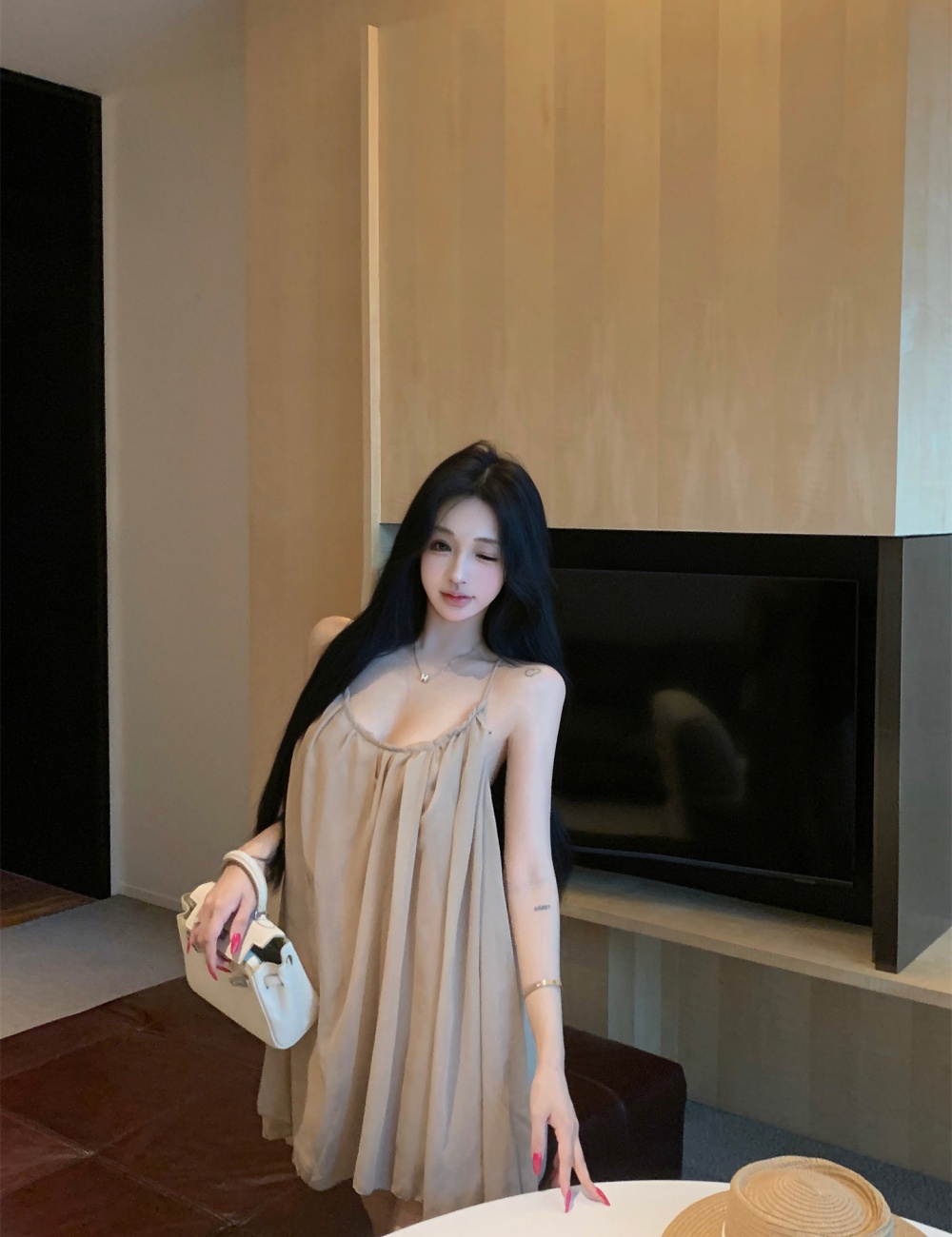Slim chiffon loose unique dress sling V-neck khaki T-back