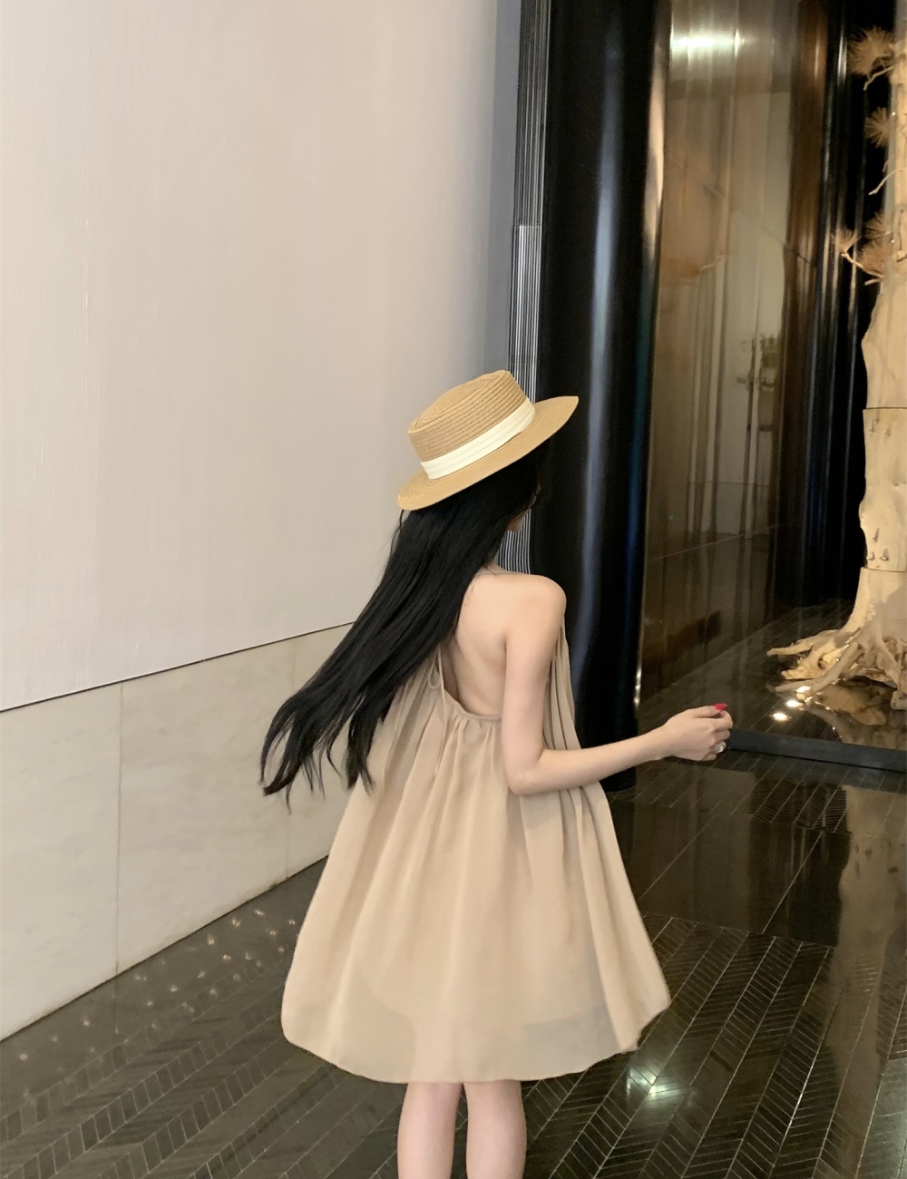 Slim chiffon loose unique dress sling V-neck khaki T-back