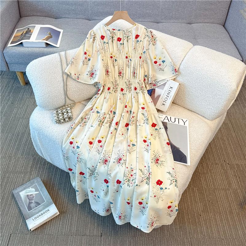 France style travel vacation slim high waist dress
