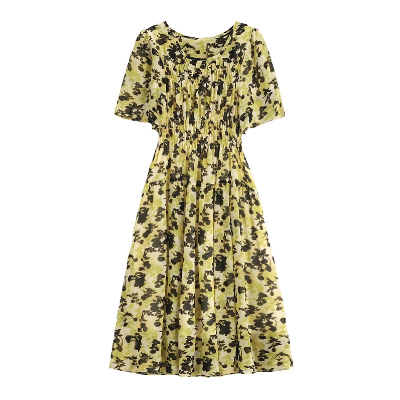 Was white France style travel vacation elastic floral dress