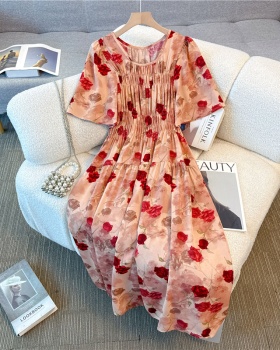Big flower high waist France style elastic slim dress