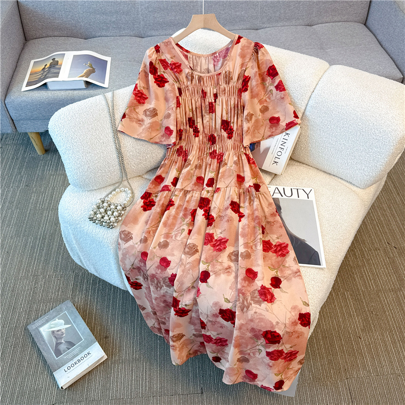 Big flower high waist France style elastic slim dress