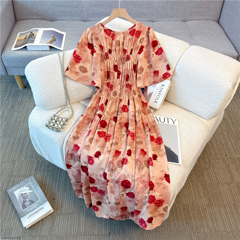 Big flower high waist France style elastic slim dress