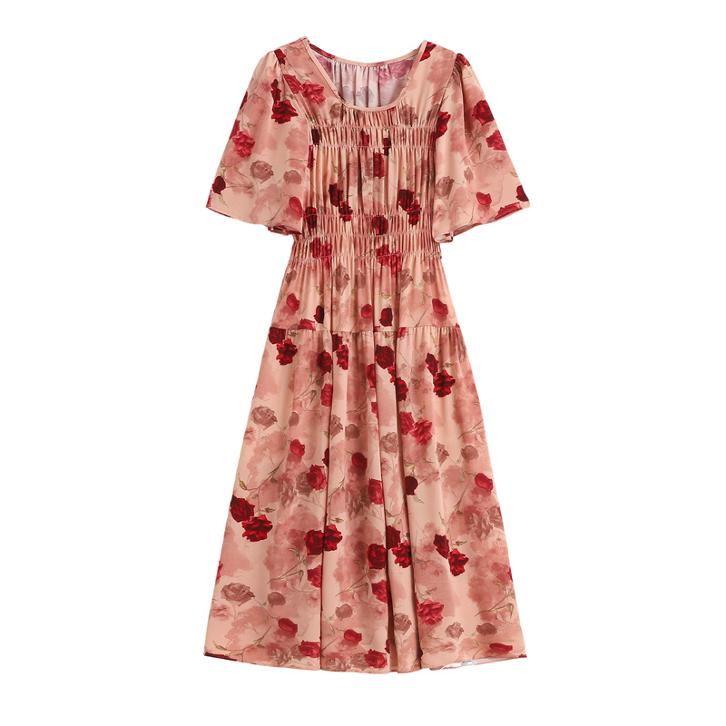 Big flower high waist France style elastic slim dress