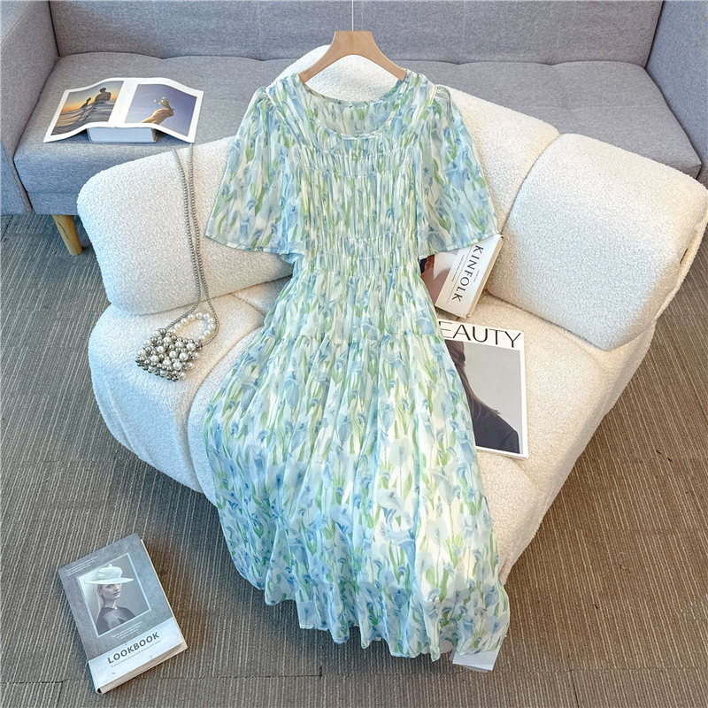 Was white floral dress elastic waist long dress