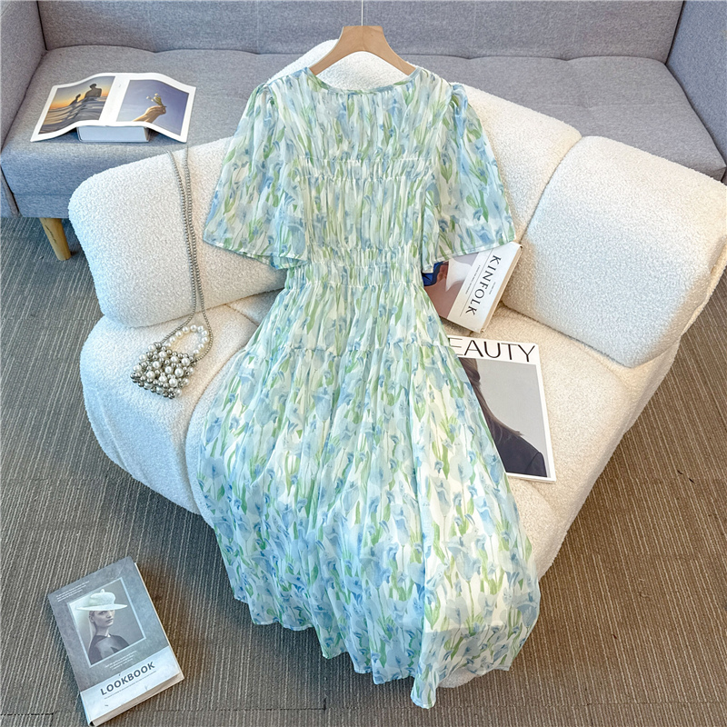 Was white floral dress elastic waist long dress