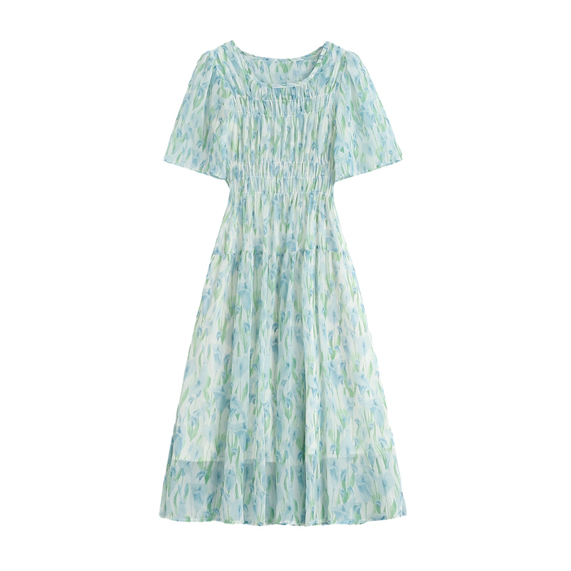 Was white floral dress elastic waist long dress