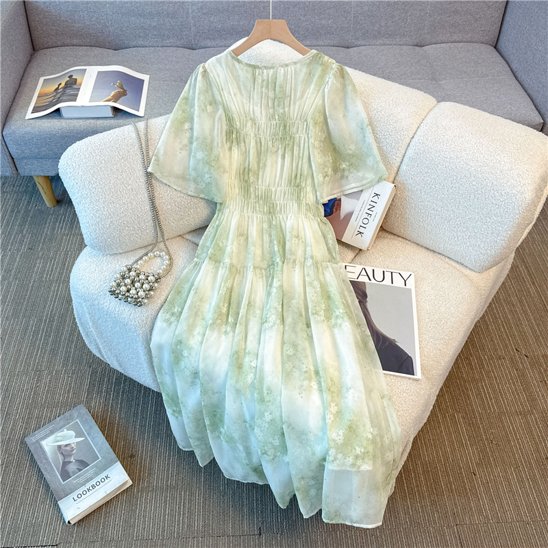 Was white high waist bronzing green large yard dress