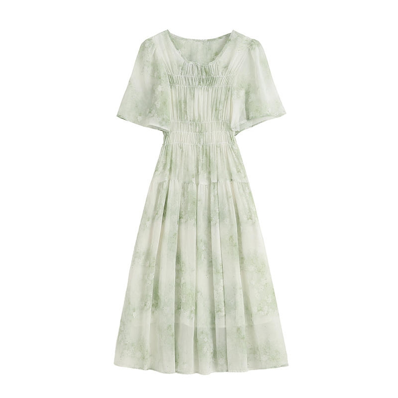 Was white high waist bronzing green large yard dress