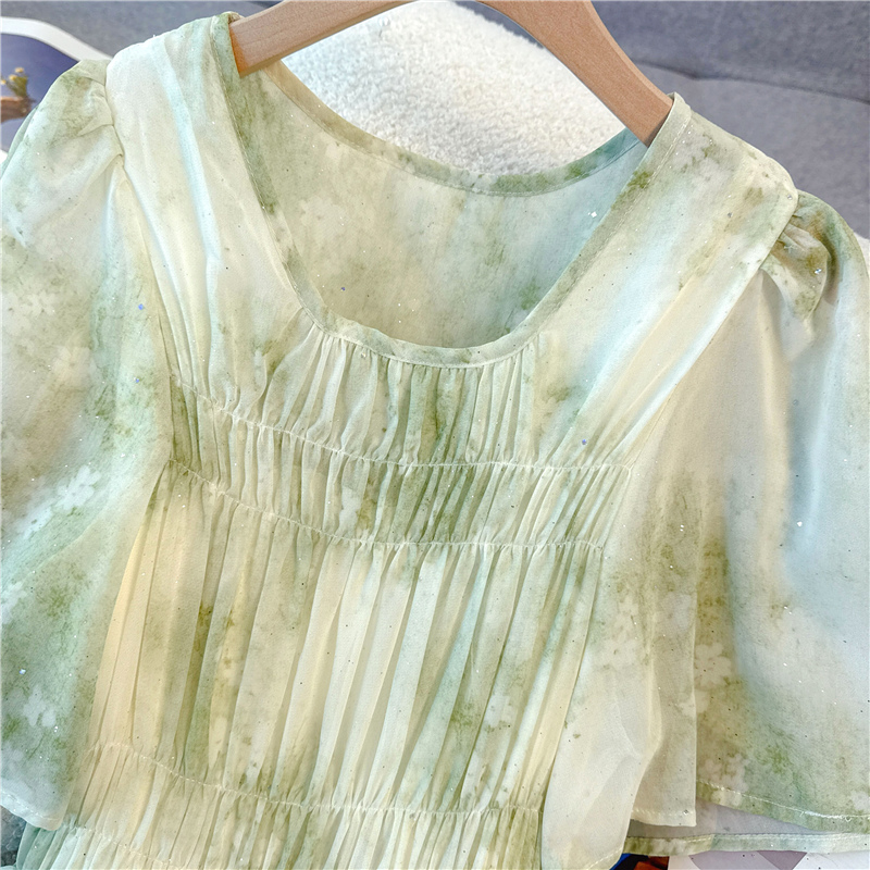 Was white high waist bronzing green large yard dress