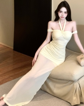 Long package hip split horizontal collar chest pad halter dress