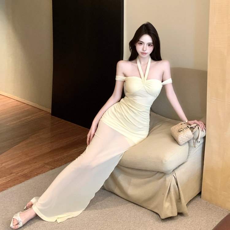 Long package hip split horizontal collar chest pad halter dress
