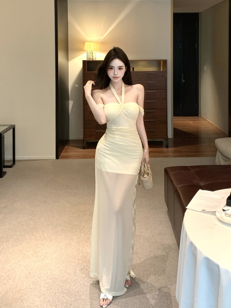 Long package hip split horizontal collar chest pad halter dress