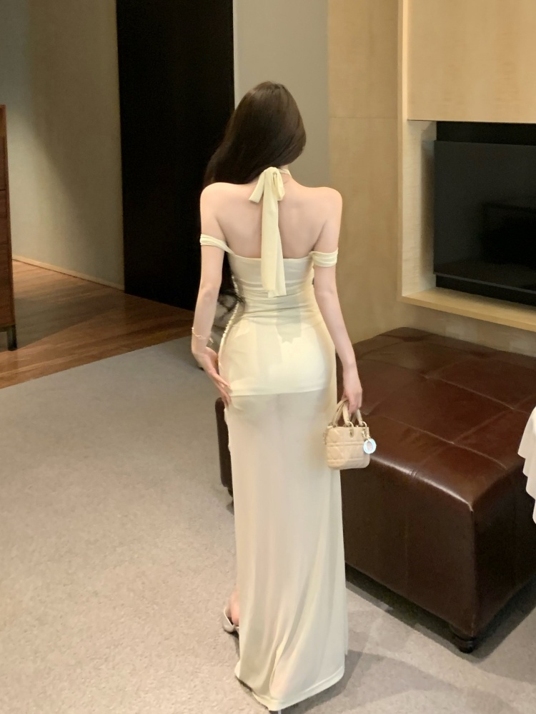 Long package hip split horizontal collar chest pad halter dress