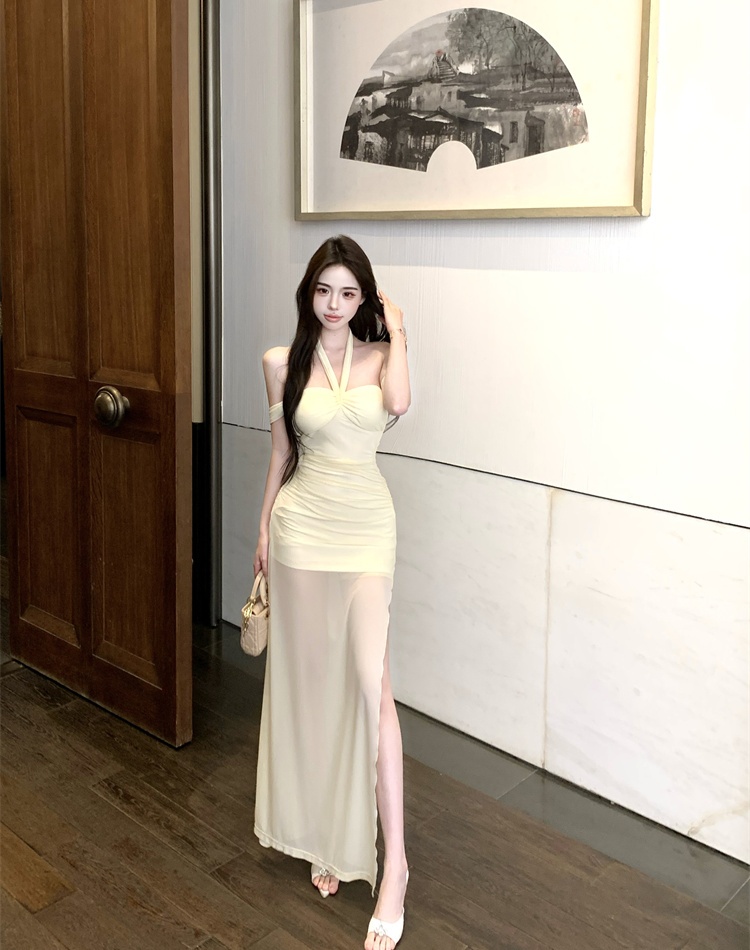 Long package hip split horizontal collar chest pad halter dress