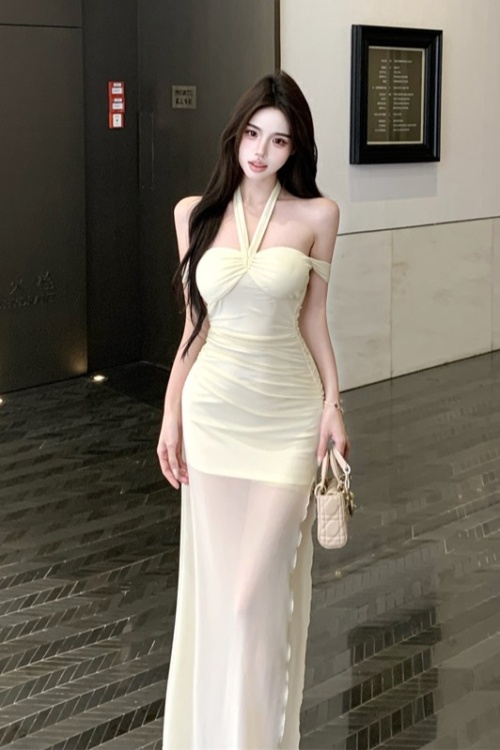 Long package hip split horizontal collar chest pad halter dress