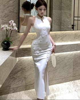 Chinese style long slim cheongsam splice gauze dress