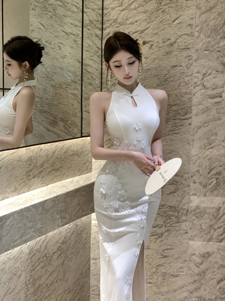 Chinese style long slim cheongsam splice gauze dress