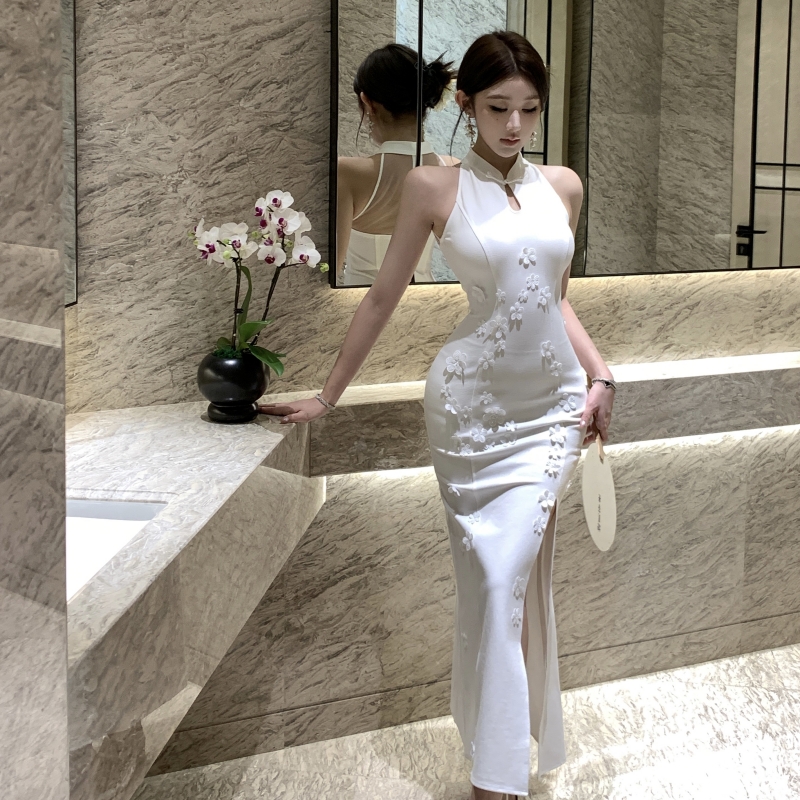 Chinese style long slim cheongsam splice gauze dress