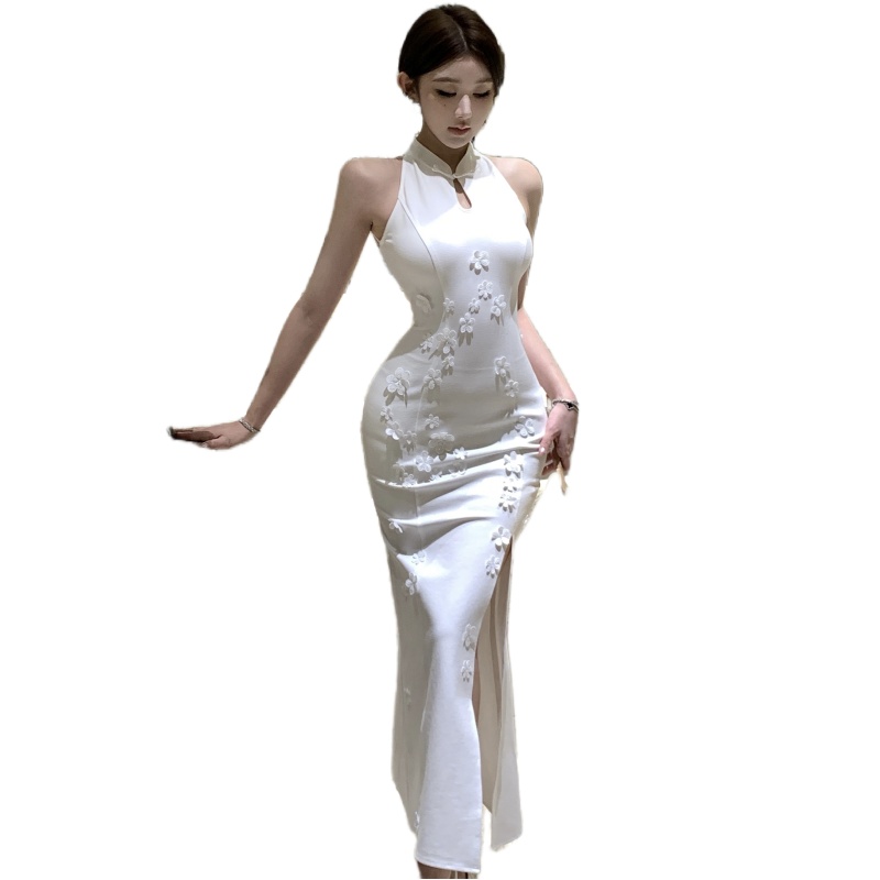 Chinese style long slim cheongsam splice gauze dress