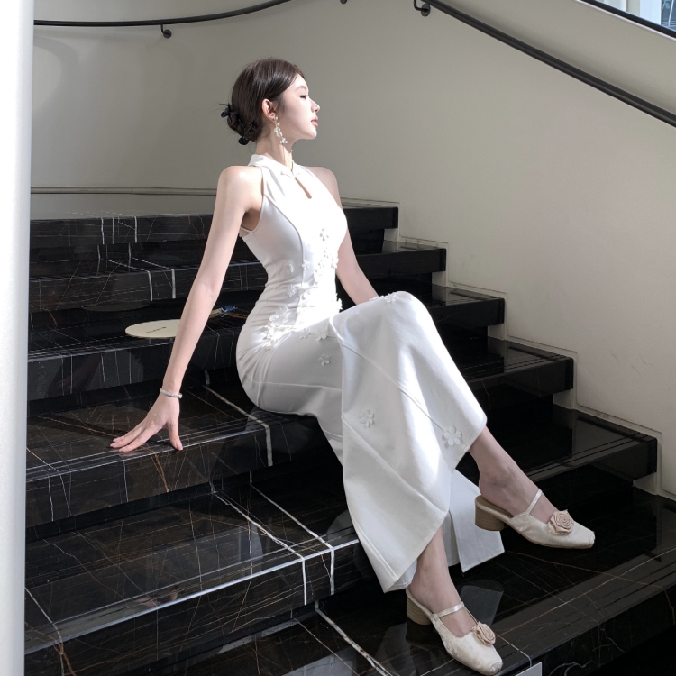 Chinese style long slim cheongsam splice gauze dress