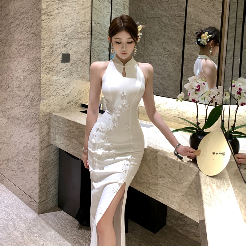 Chinese style long slim cheongsam splice gauze dress