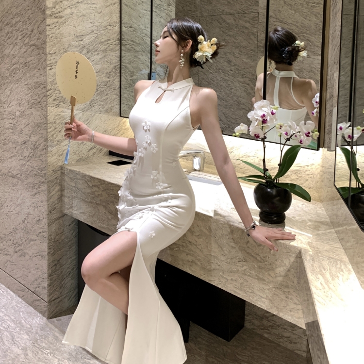 Chinese style long slim cheongsam splice gauze dress