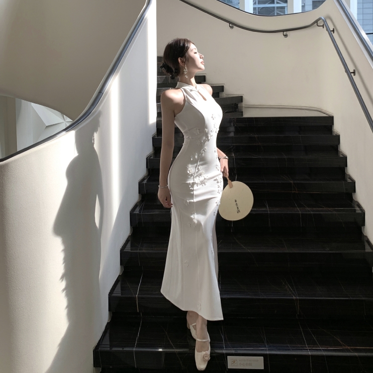 Chinese style long slim cheongsam splice gauze dress