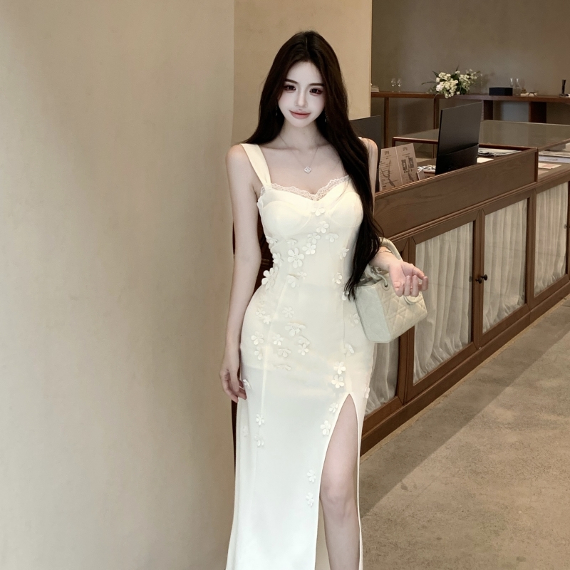 Long splice colors spicegirl slim split lace with chest pad dress