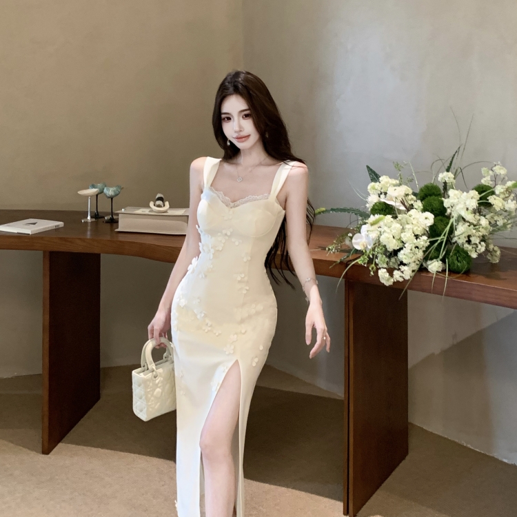 Long splice colors spicegirl slim split lace with chest pad dress