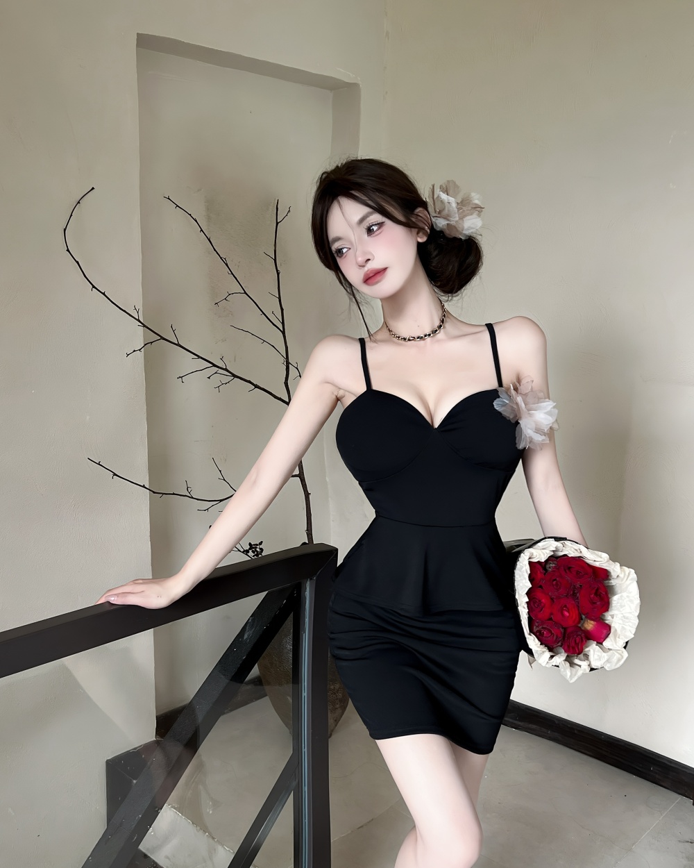 Flowers splice sexy sling package hip dress