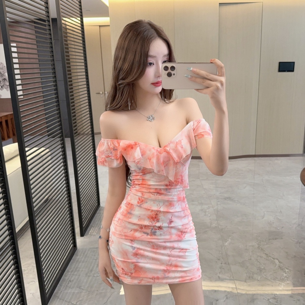 Sexy gauze package hip bottoming lotus leaf edges short dress