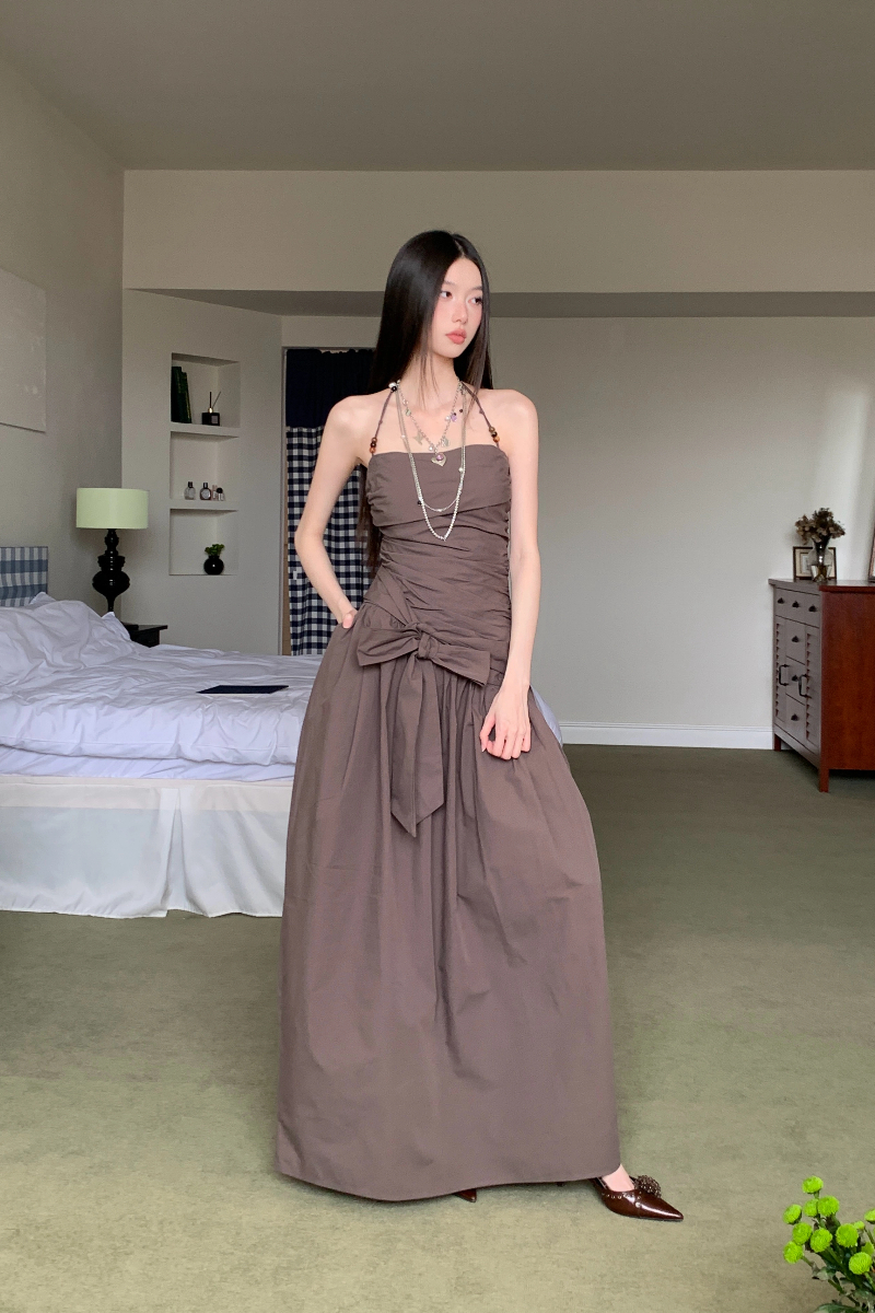 Summer slim long dress pinched waist halter dress for women