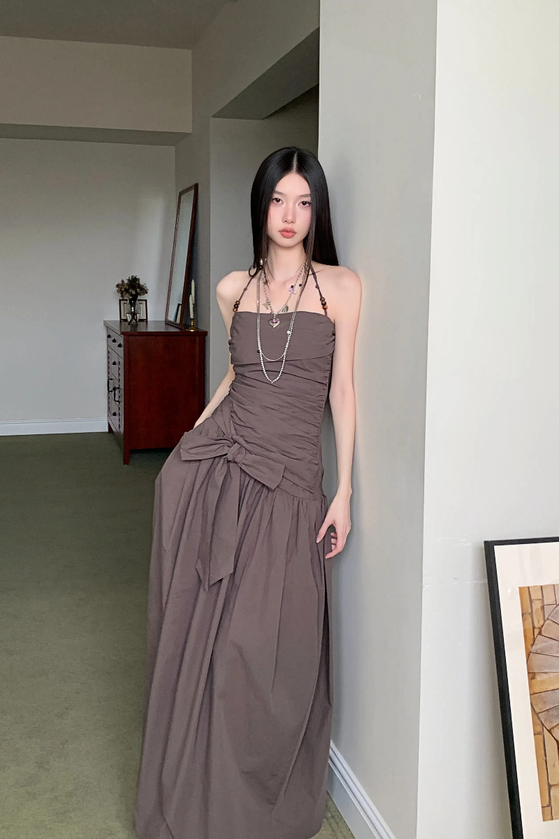 Summer slim long dress pinched waist halter dress for women