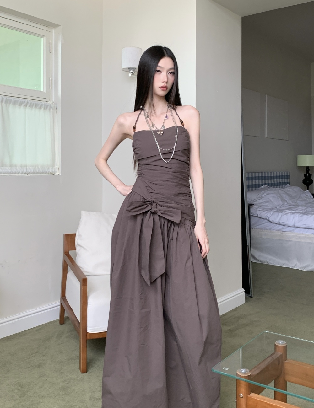 Summer slim long dress pinched waist halter dress for women