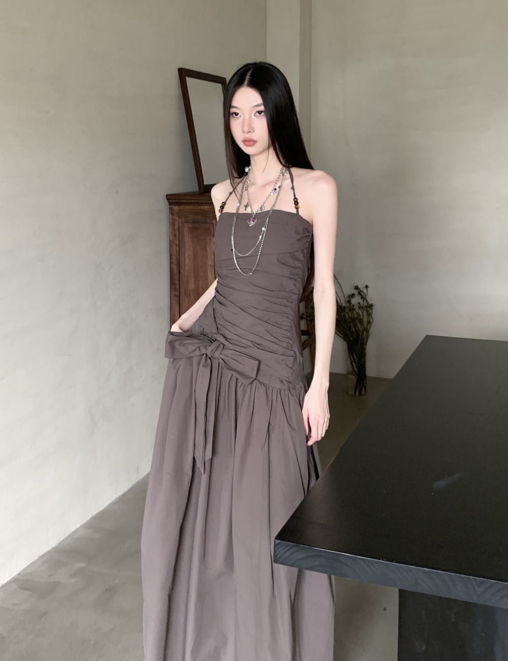 Summer slim long dress pinched waist halter dress for women