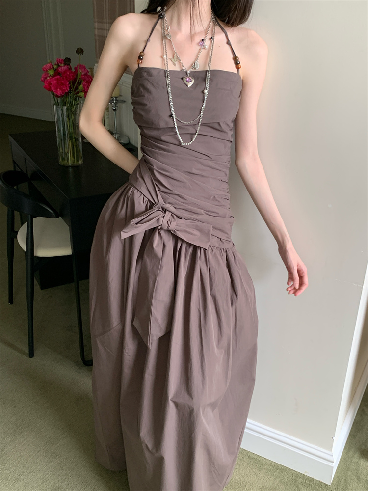 Summer slim long dress pinched waist halter dress for women