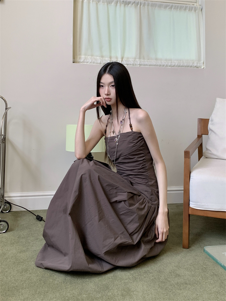 Summer slim long dress pinched waist halter dress for women