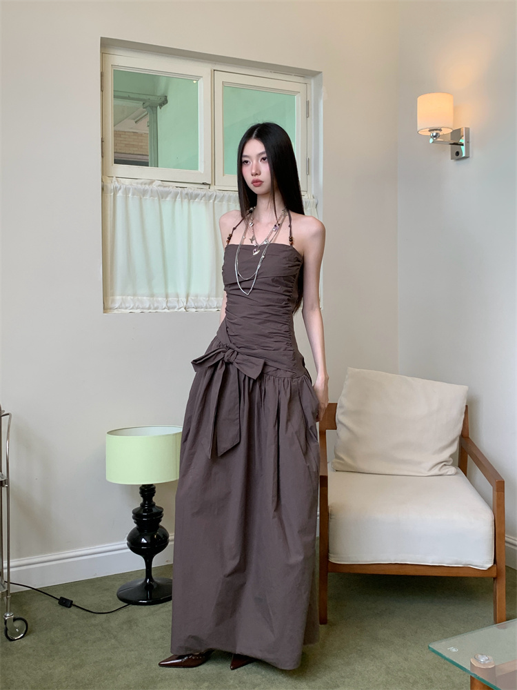 Summer slim long dress pinched waist halter dress for women