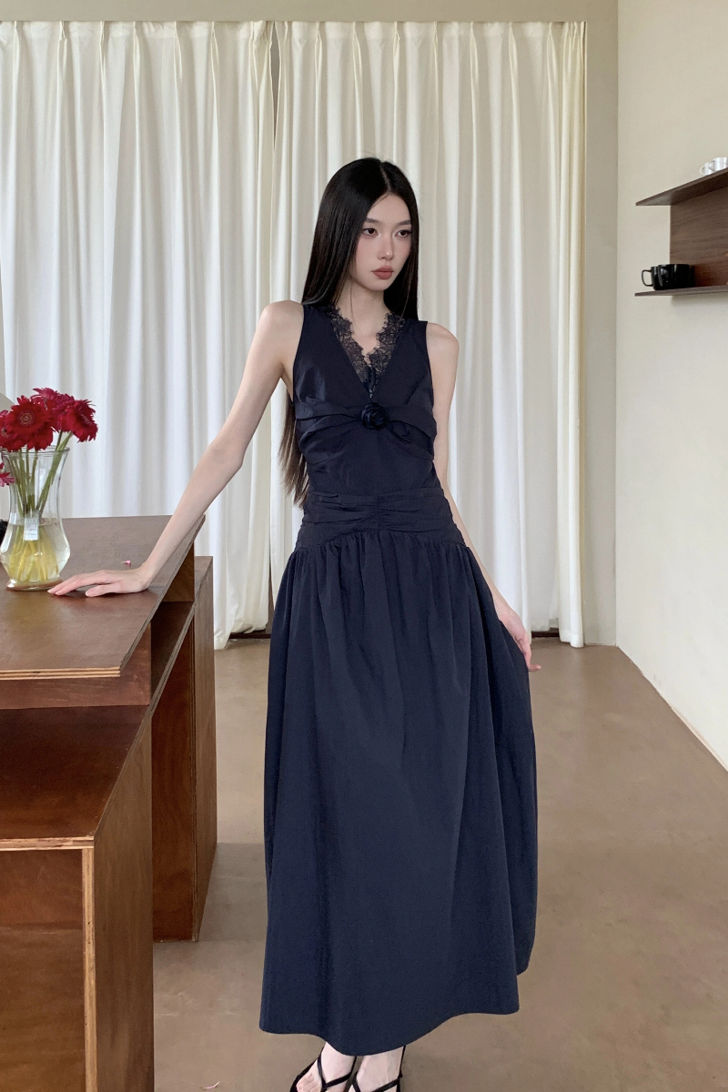 Summer sleeveless vacation long dress lace flowers formal dress