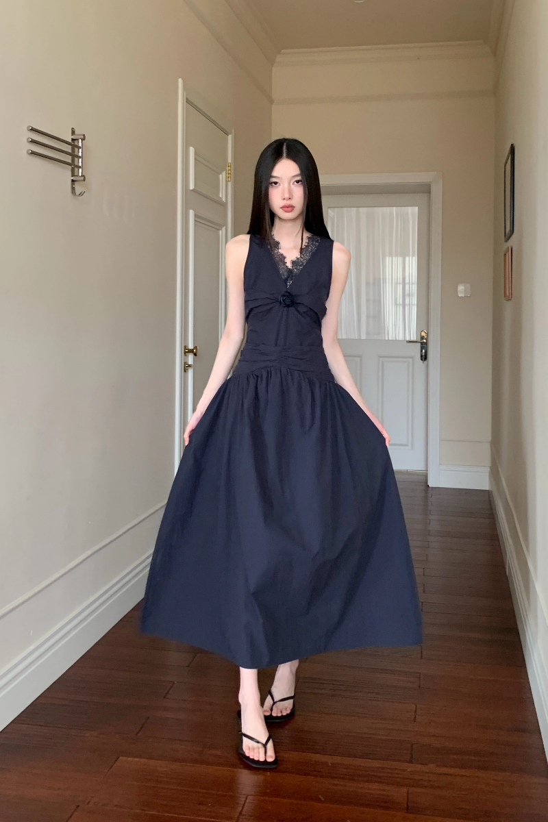 Summer sleeveless vacation long dress lace flowers formal dress