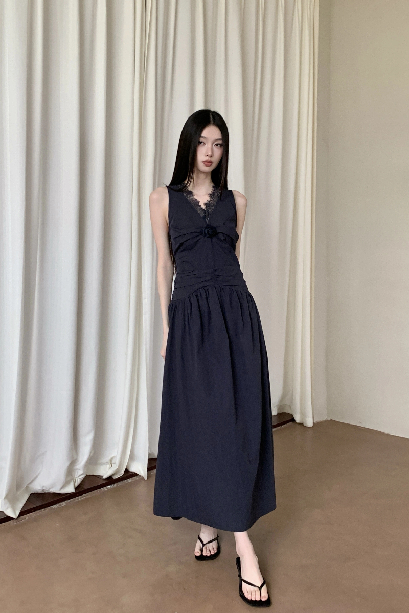 Summer sleeveless vacation long dress lace flowers formal dress