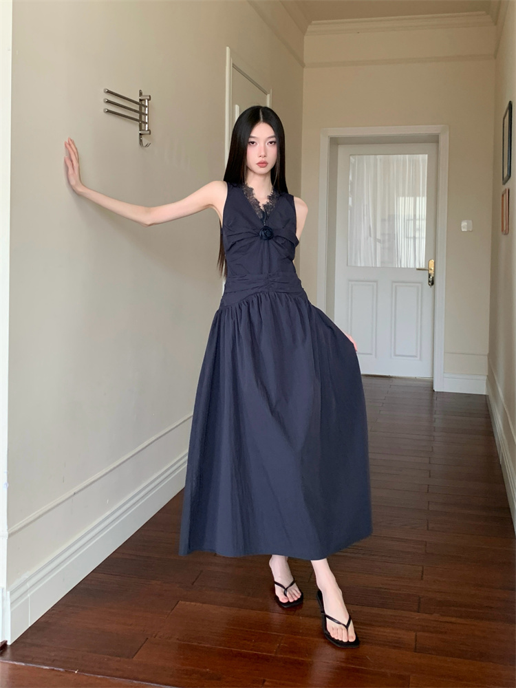 Summer sleeveless vacation long dress lace flowers formal dress