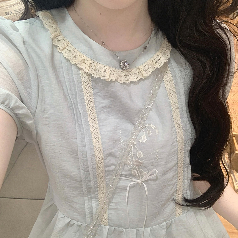 Embroidery sweet puff sleeve bow art fresh dress
