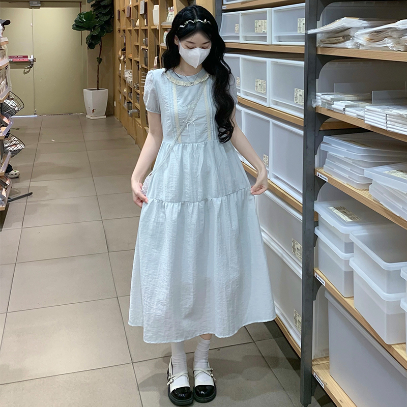 Embroidery sweet puff sleeve bow art fresh dress