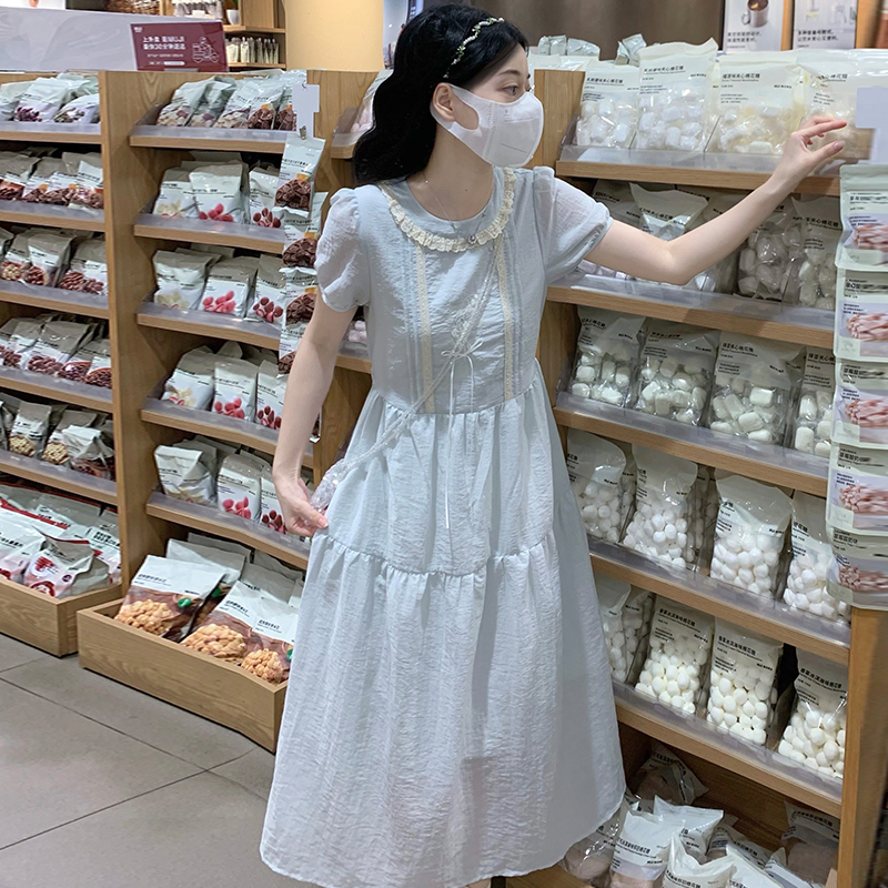 Embroidery sweet puff sleeve bow art fresh dress