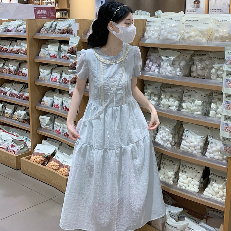 Embroidery sweet puff sleeve bow art fresh dress
